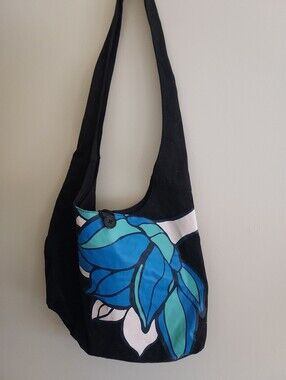Old Navy Black Shoulder Bag with Blue and Teal Floral Accent
